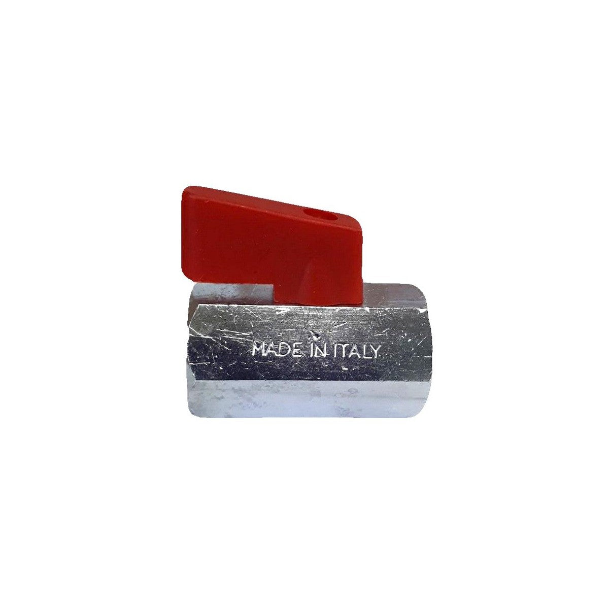Nickel plated brass mini ball valve with red handle and female threads both ends